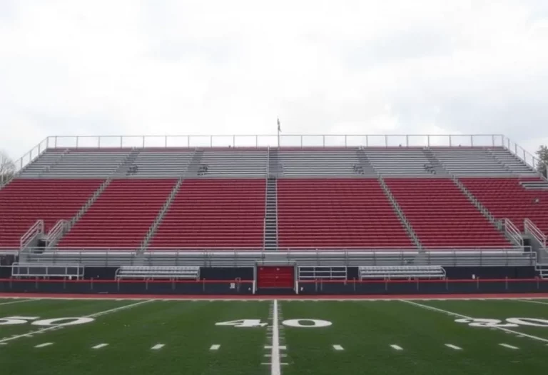 Empty high school football field with a sign indicating suspension