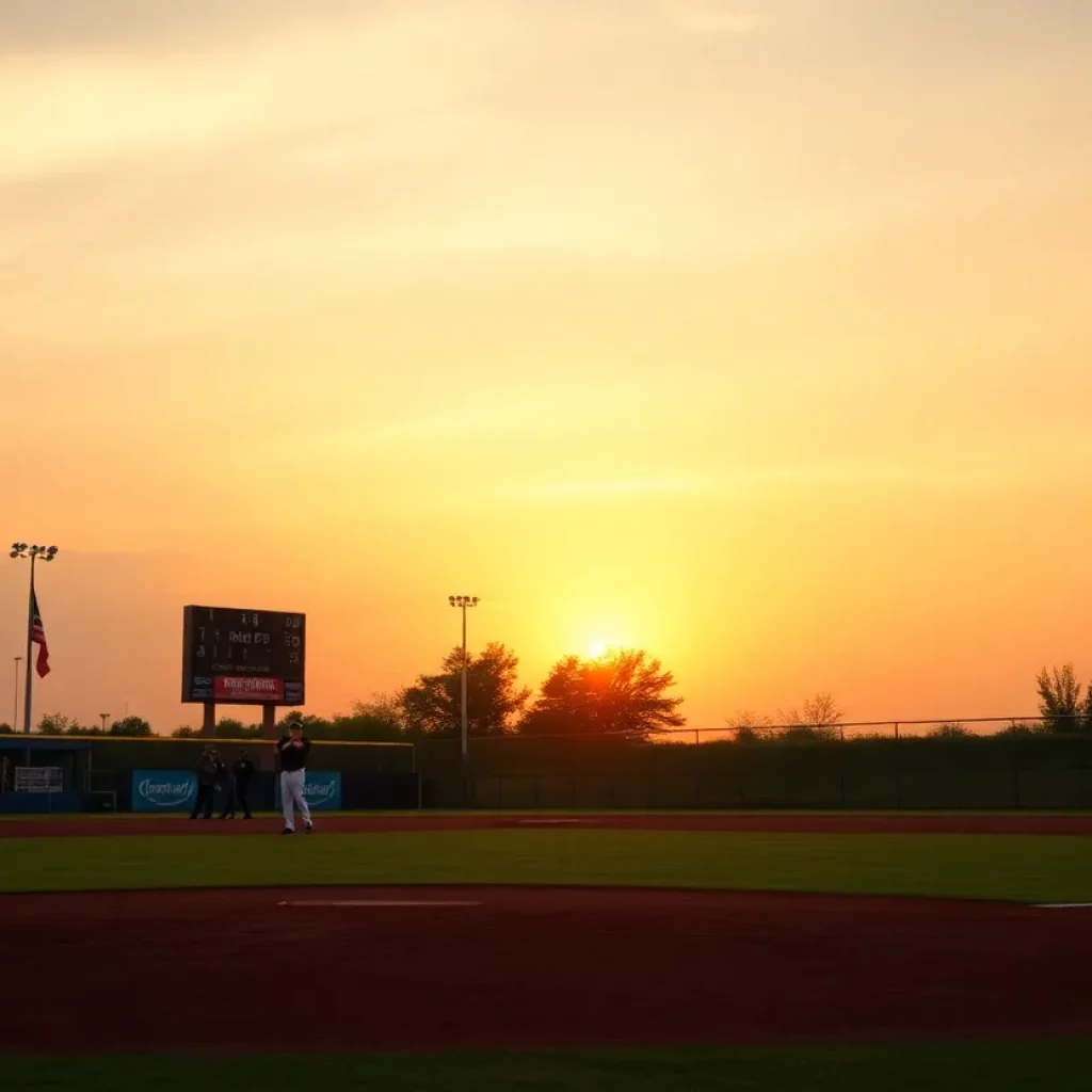 Bishop Verot baseball team practicing on the field at sunset.