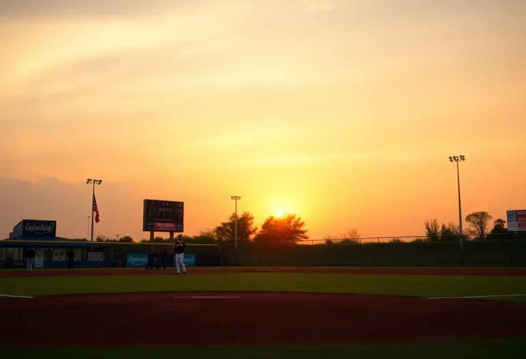 Bishop Verot baseball team practicing on the field at sunset.