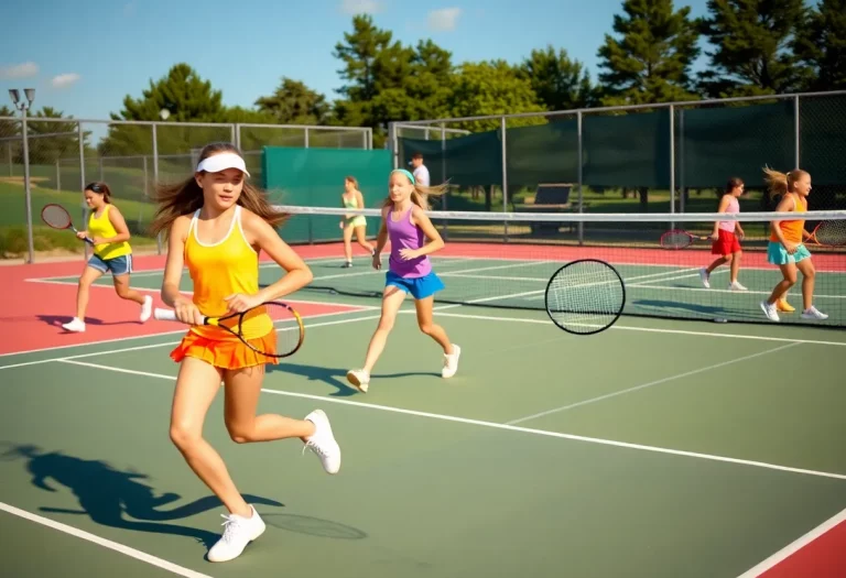 Girls tennis players in action during a match on the court.