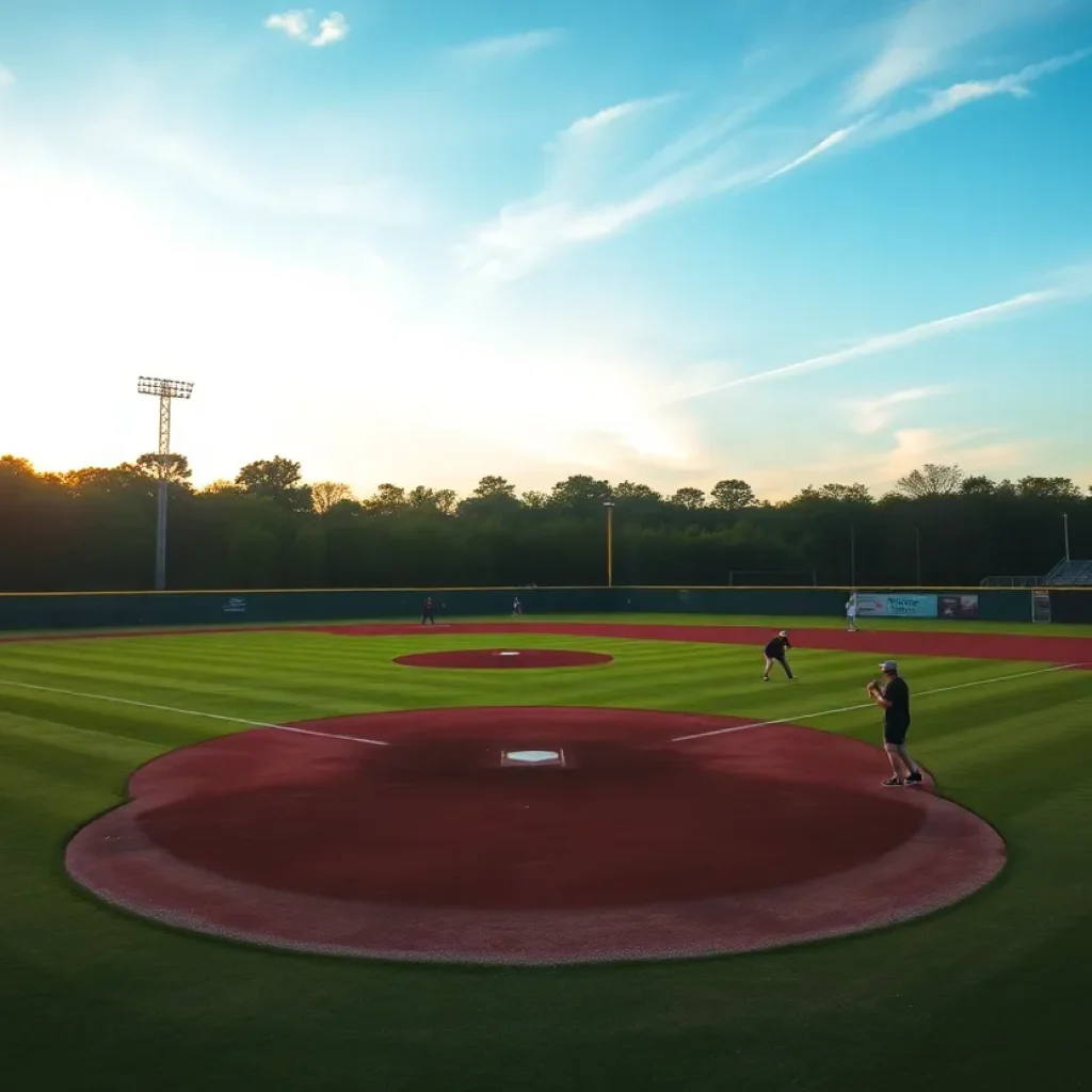 Baseball field with players and coaches at sunset