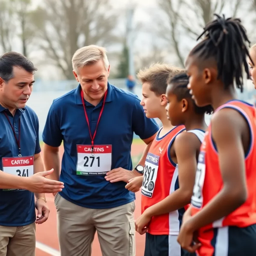 A coach guiding young athletes during a track training session.