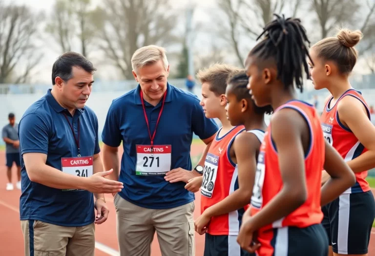 A coach guiding young athletes during a track training session.