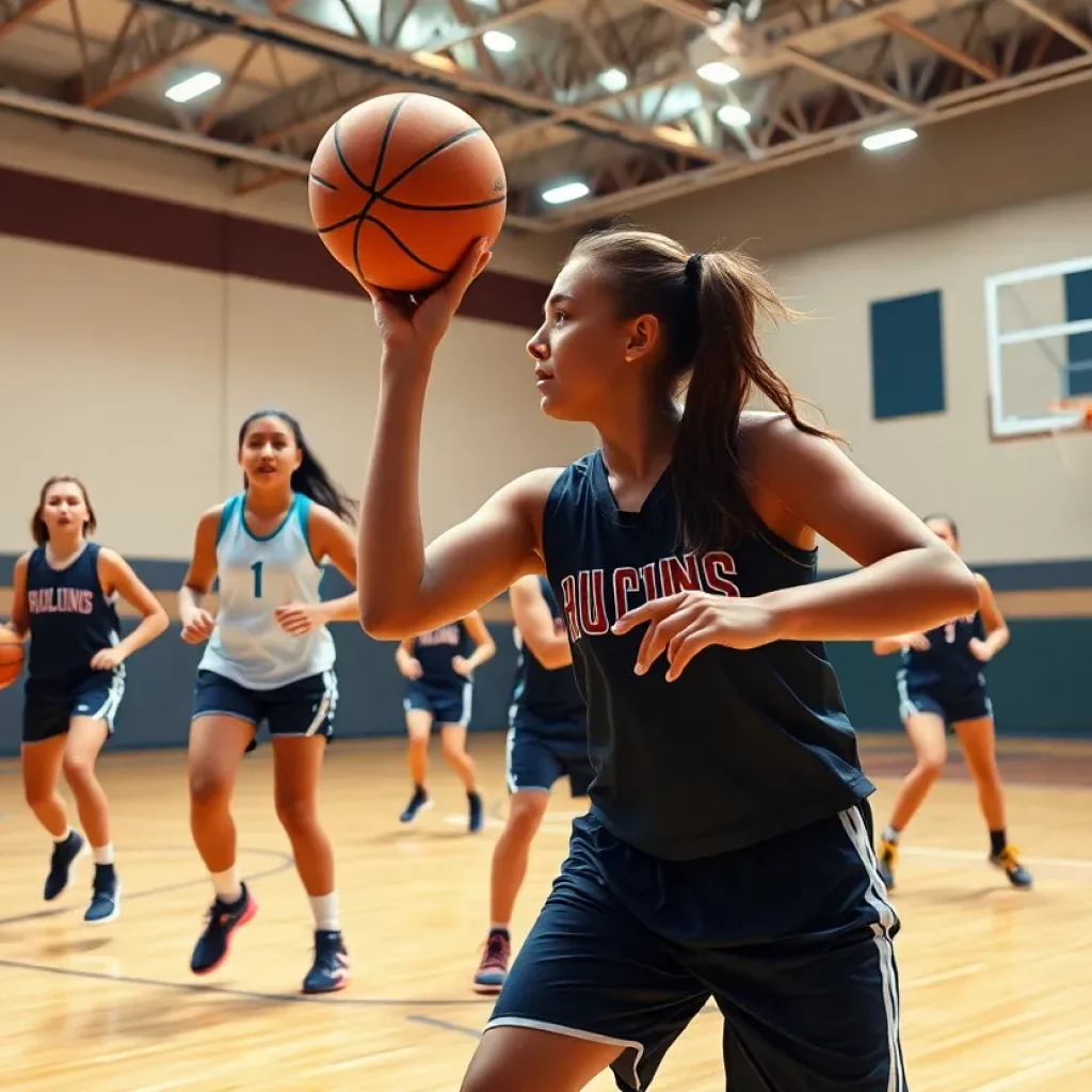 A group of female basketball players practicing on the court, demonstrating skill and teamwork.