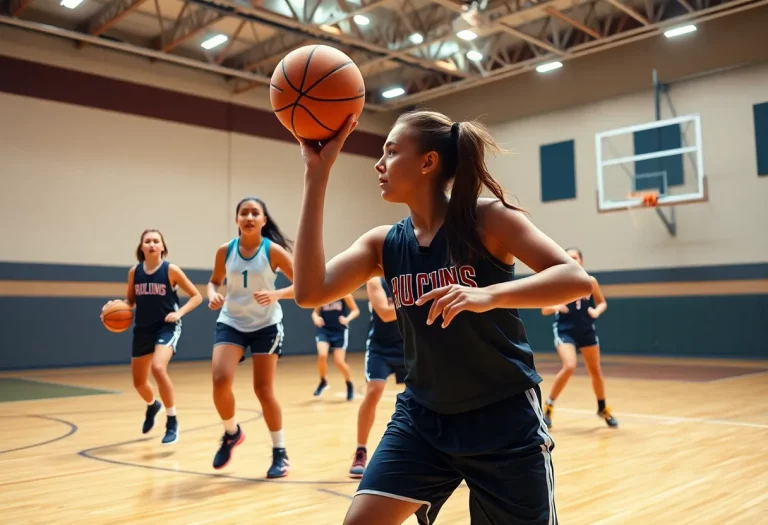 A group of female basketball players practicing on the court, demonstrating skill and teamwork.