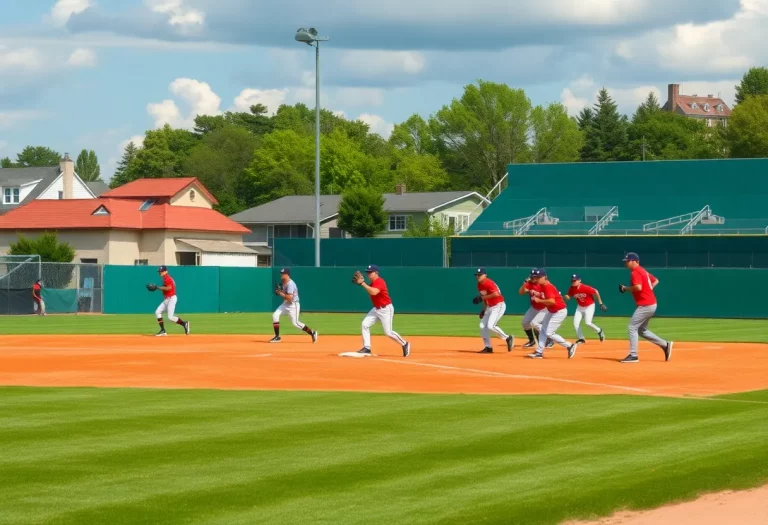 Baseball team practicing on a sunny day at Bunker Hill