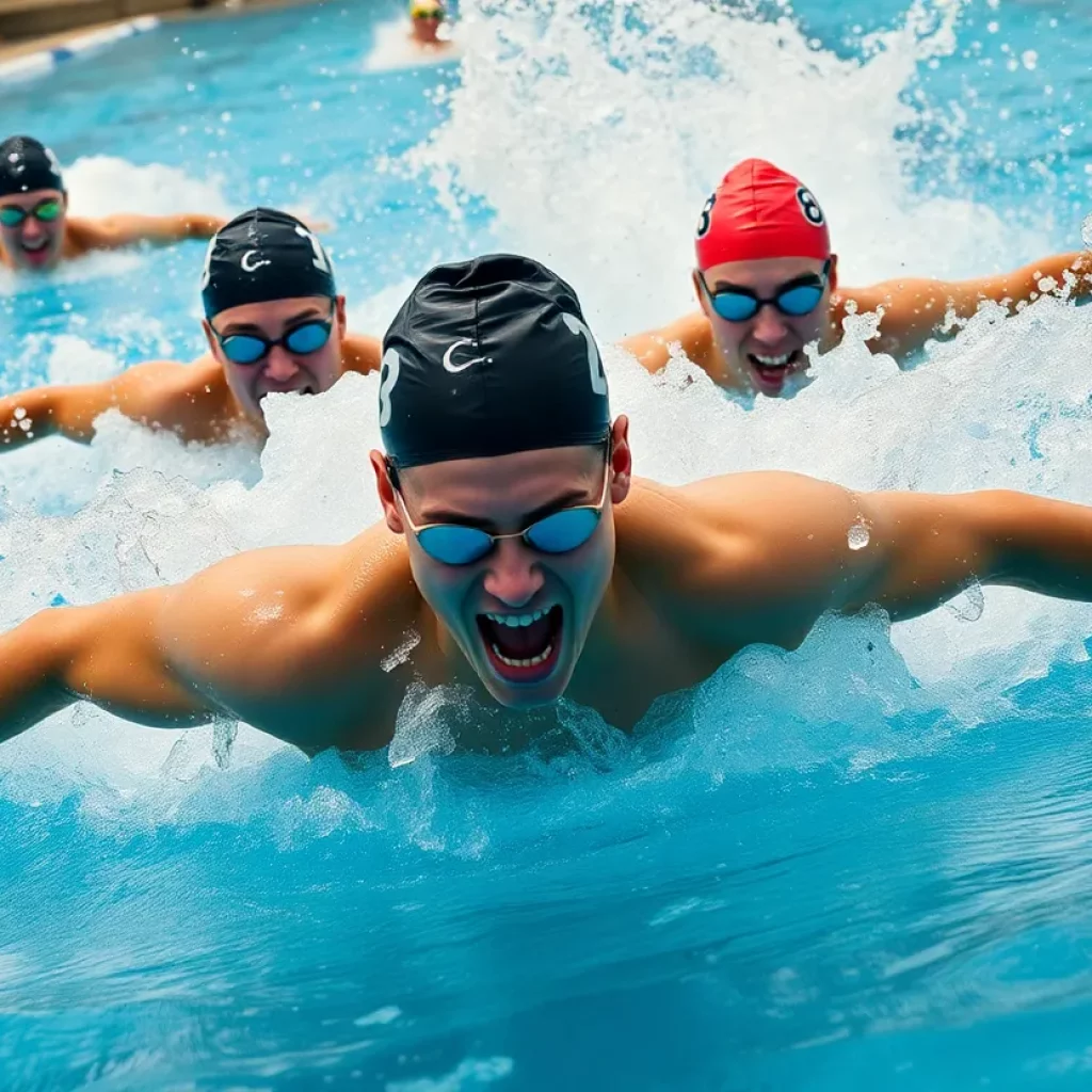 Swimmers diving into a pool during a competitive race