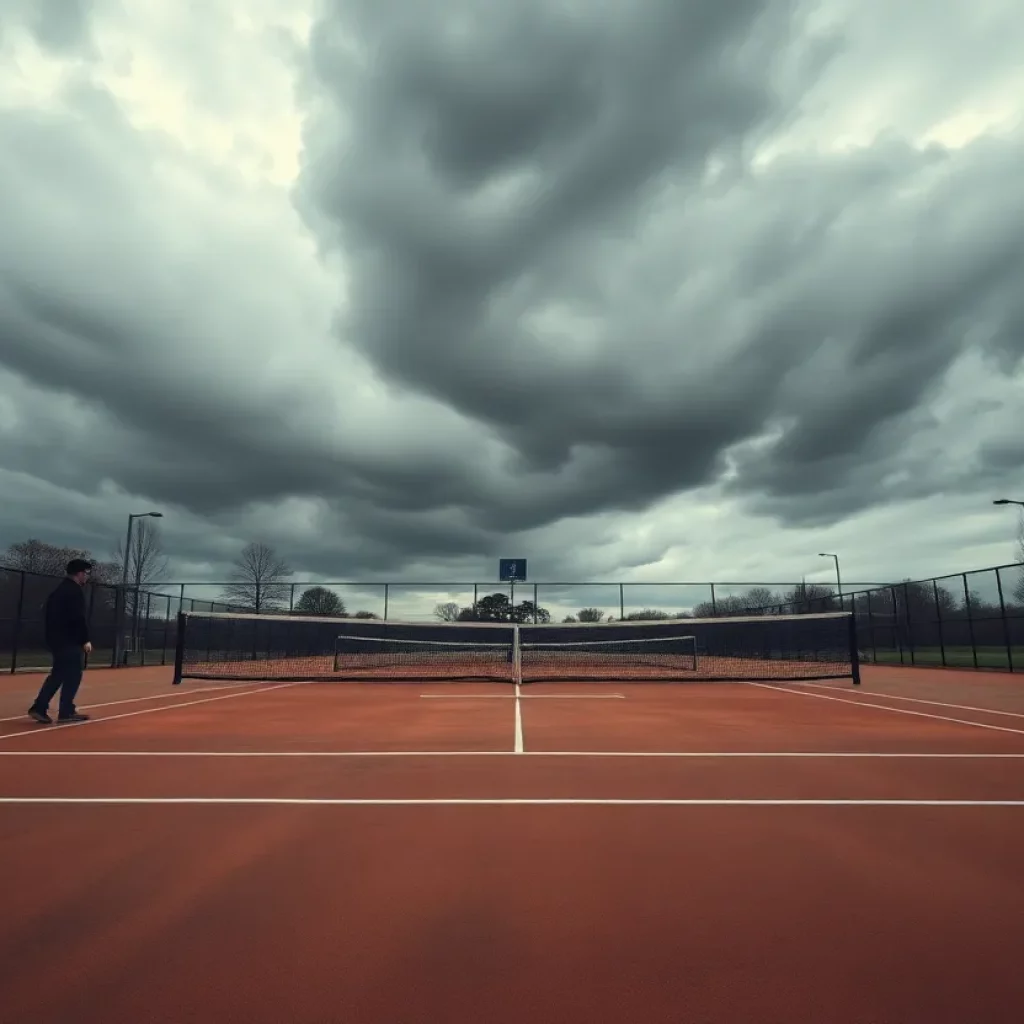 An empty tennis court symbolizing community concern