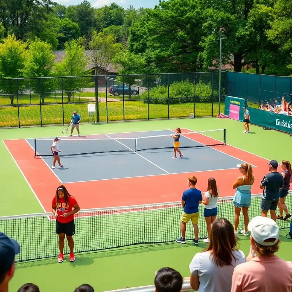 Players practicing on a tennis court with cheering fans