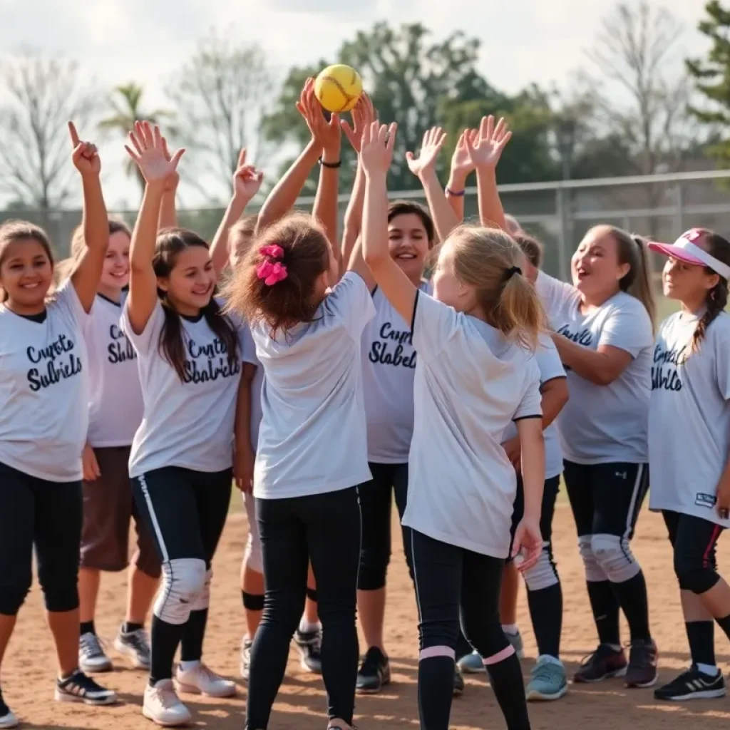 Diverse young athletes celebrating on a softball field