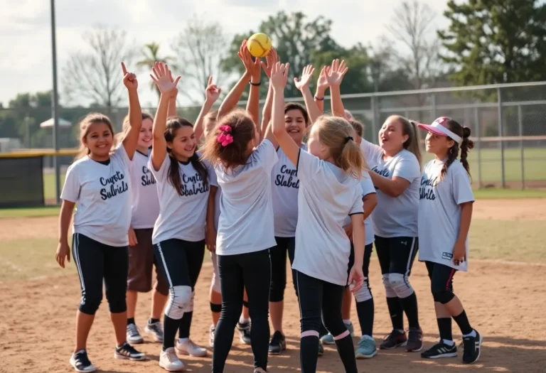 Diverse young athletes celebrating on a softball field
