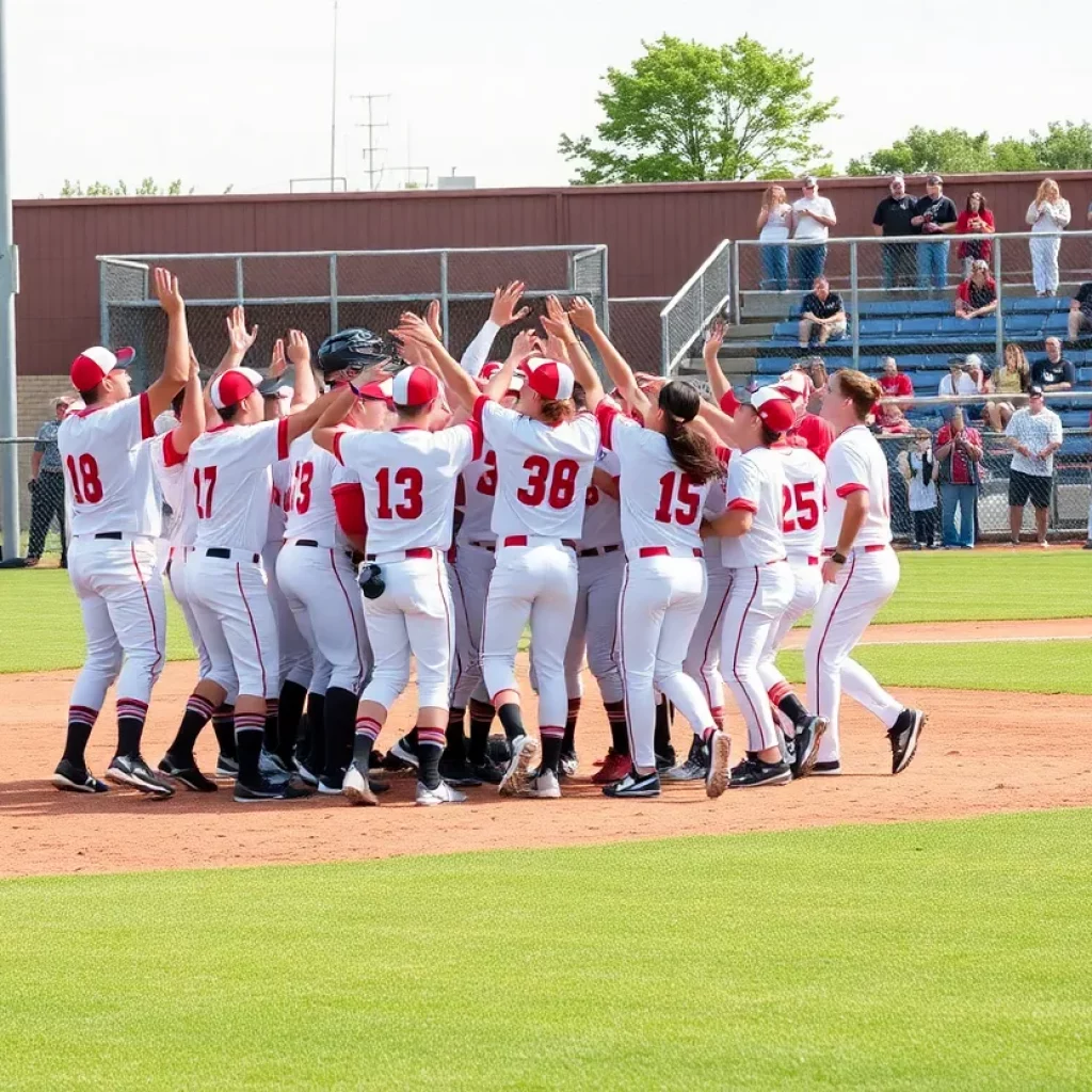 A group of high school baseball players celebrating on the field after a win.