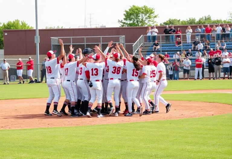 A group of high school baseball players celebrating on the field after a win.