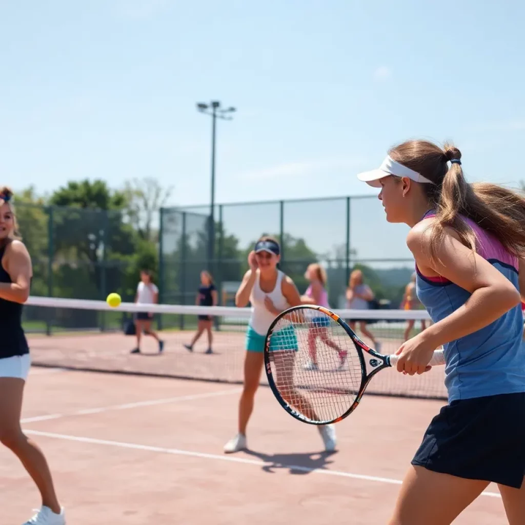Central Cambria girls tennis players competing in an intense match.