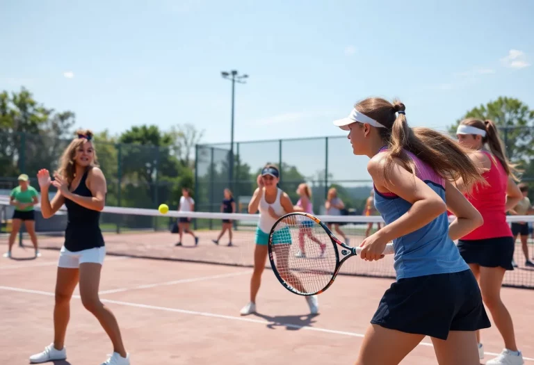 Central Cambria girls tennis players competing in an intense match.