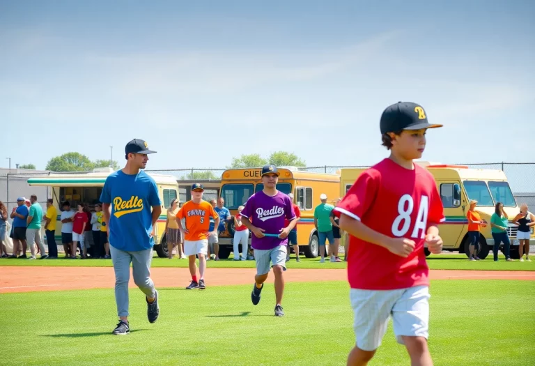 Cheerful community members at a charity baseball event
