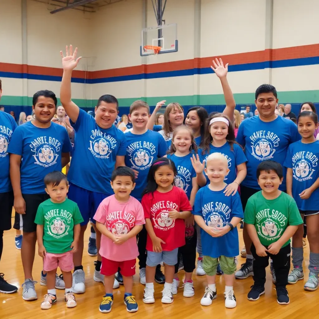 Children celebrating with athletes at Cheyanna’s Champions event