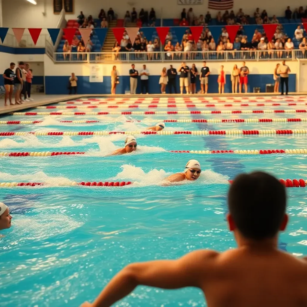 Swimmers competing in a high school swimming event at a pool