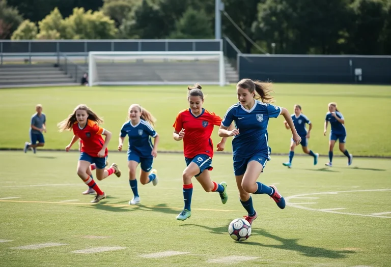 High school soccer players during a match in Cincinnati.