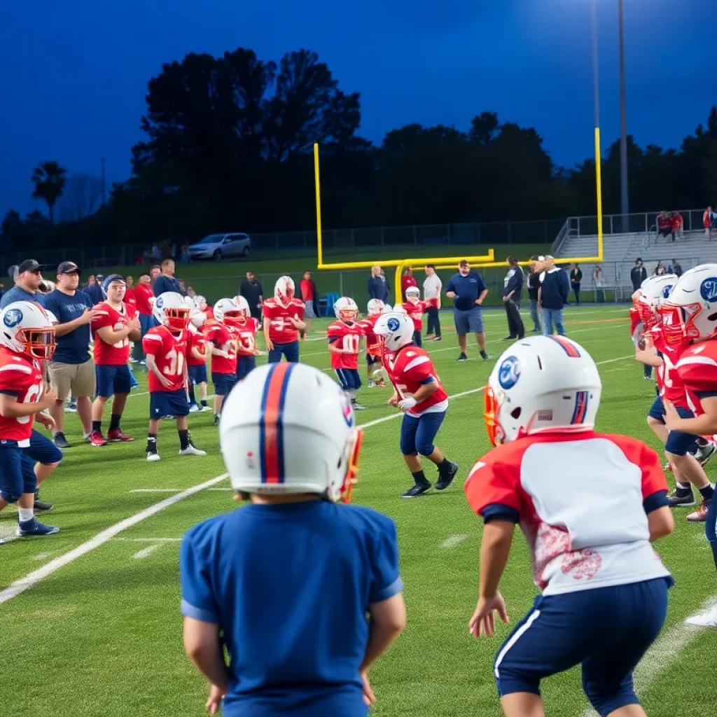 Young football players practicing with new equipment donated by the Bengals.