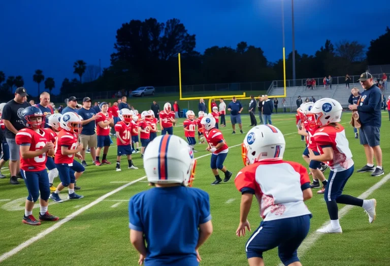 Young football players practicing with new equipment donated by the Bengals.