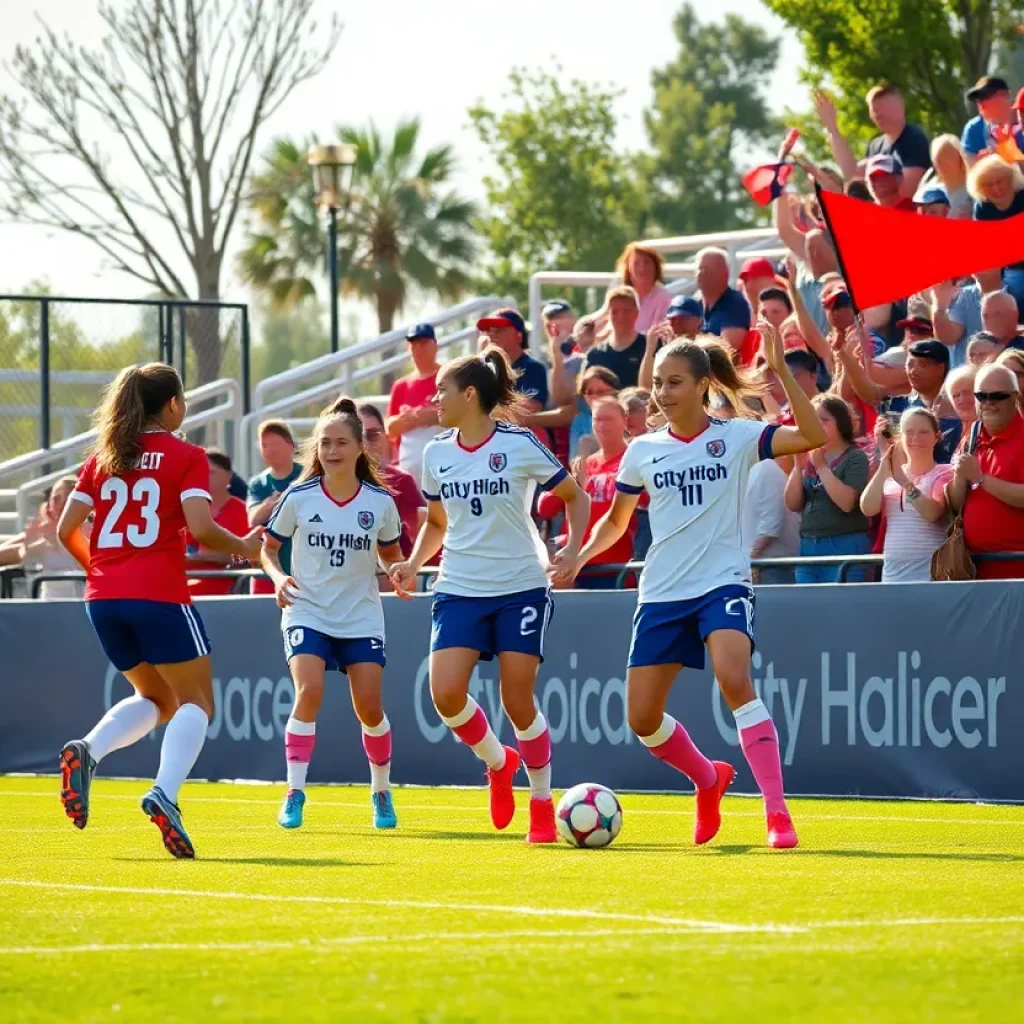 City High soccer team celebrating a goal in a match