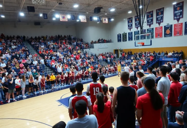 Spectators watching a high school basketball game at City of Palms Classic