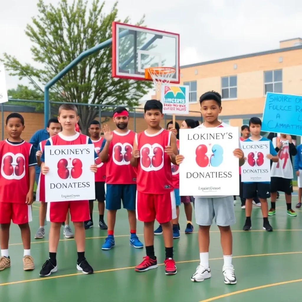A community rally supporting kidney donation for a local coach.