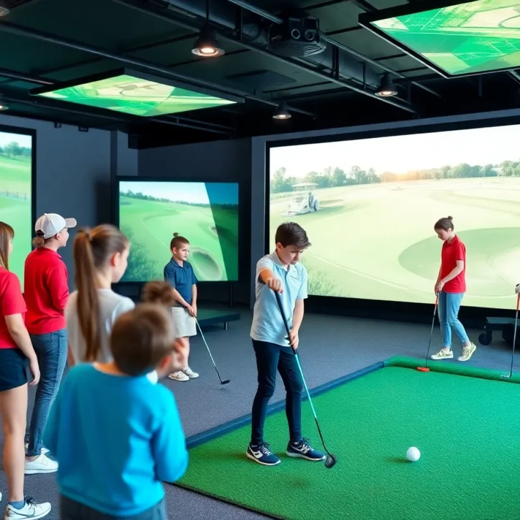 Interior view of the Courtney Cox Cole Golf Center showcasing simulators and a putting green