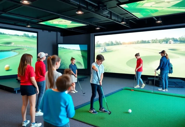 Interior view of the Courtney Cox Cole Golf Center showcasing simulators and a putting green
