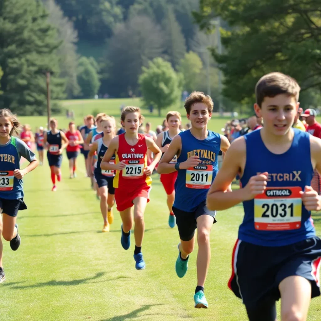 High school athletes competing in a cross country meet at White Oak Park