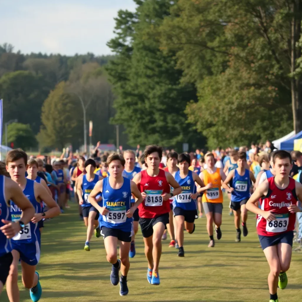 Runners participating in a cross country meet at Lee Williams High School with spectators cheering.