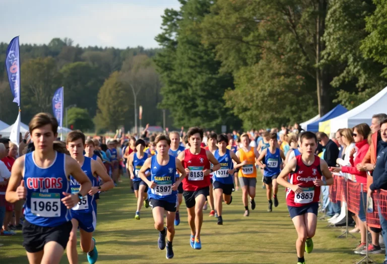 Runners participating in a cross country meet at Lee Williams High School with spectators cheering.