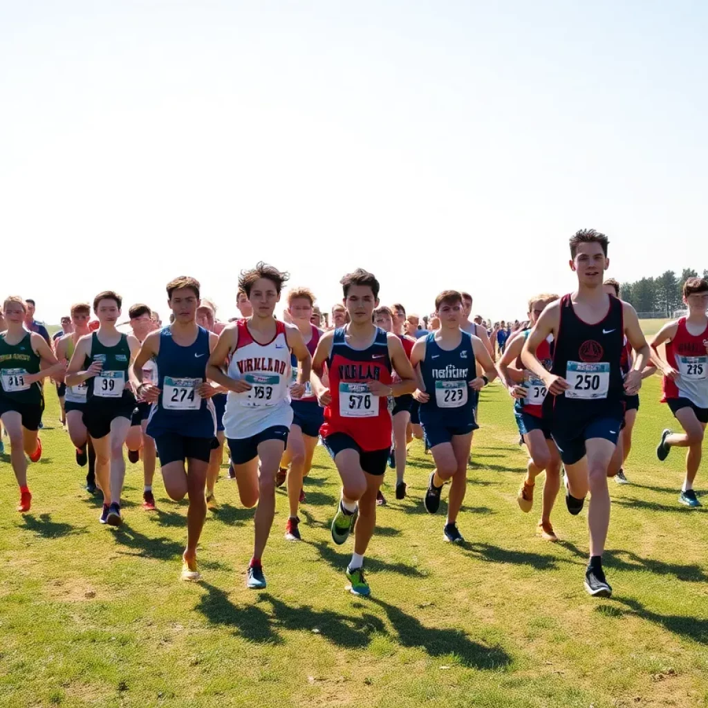 High school cross country runners in action during a race.
