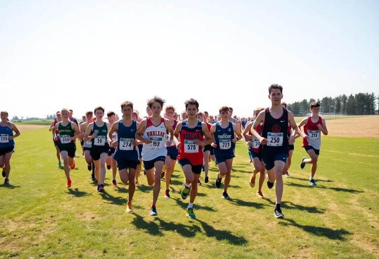 High school cross country runners in action during a race.