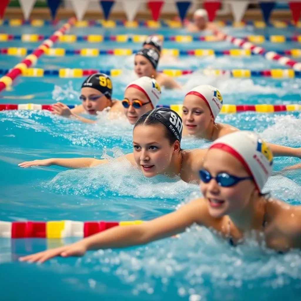 DCU girls swimming team competing in the Bay Conference Meet