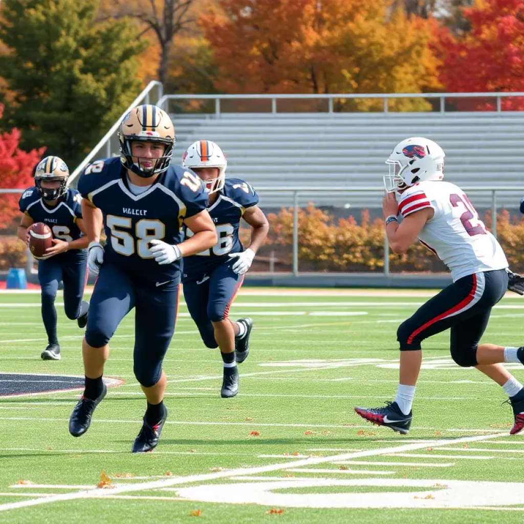 High school football players from Decorah during a game with autumn colors in the background.