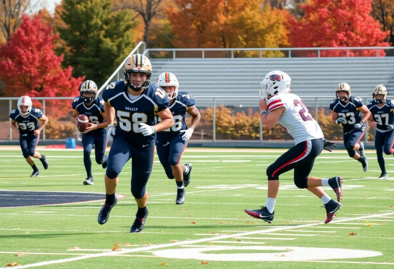 High school football players from Decorah during a game with autumn colors in the background.