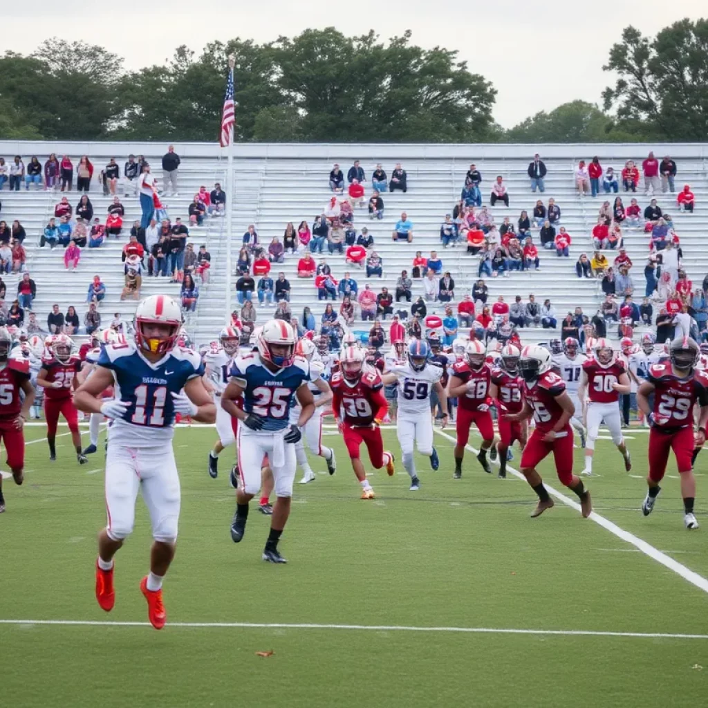 Dinwiddie High School football players in action on the field.