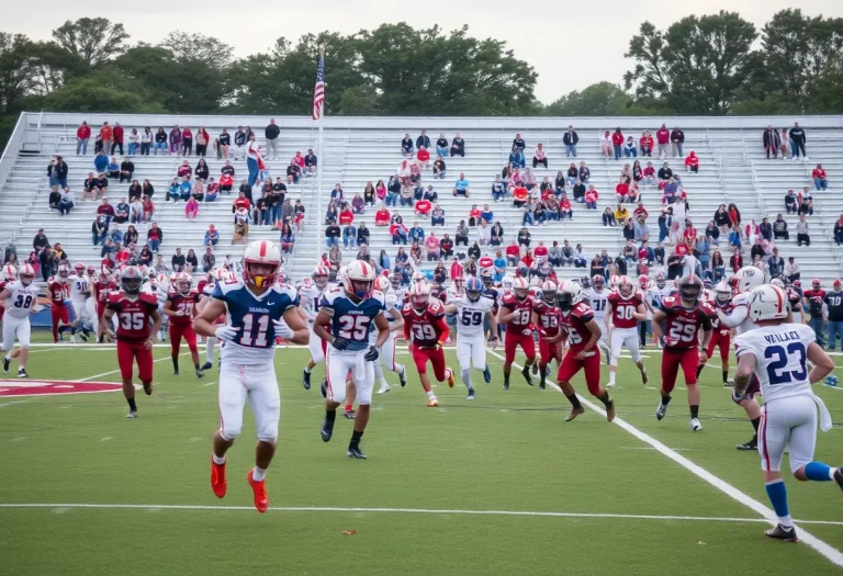 Dinwiddie High School football players in action on the field.
