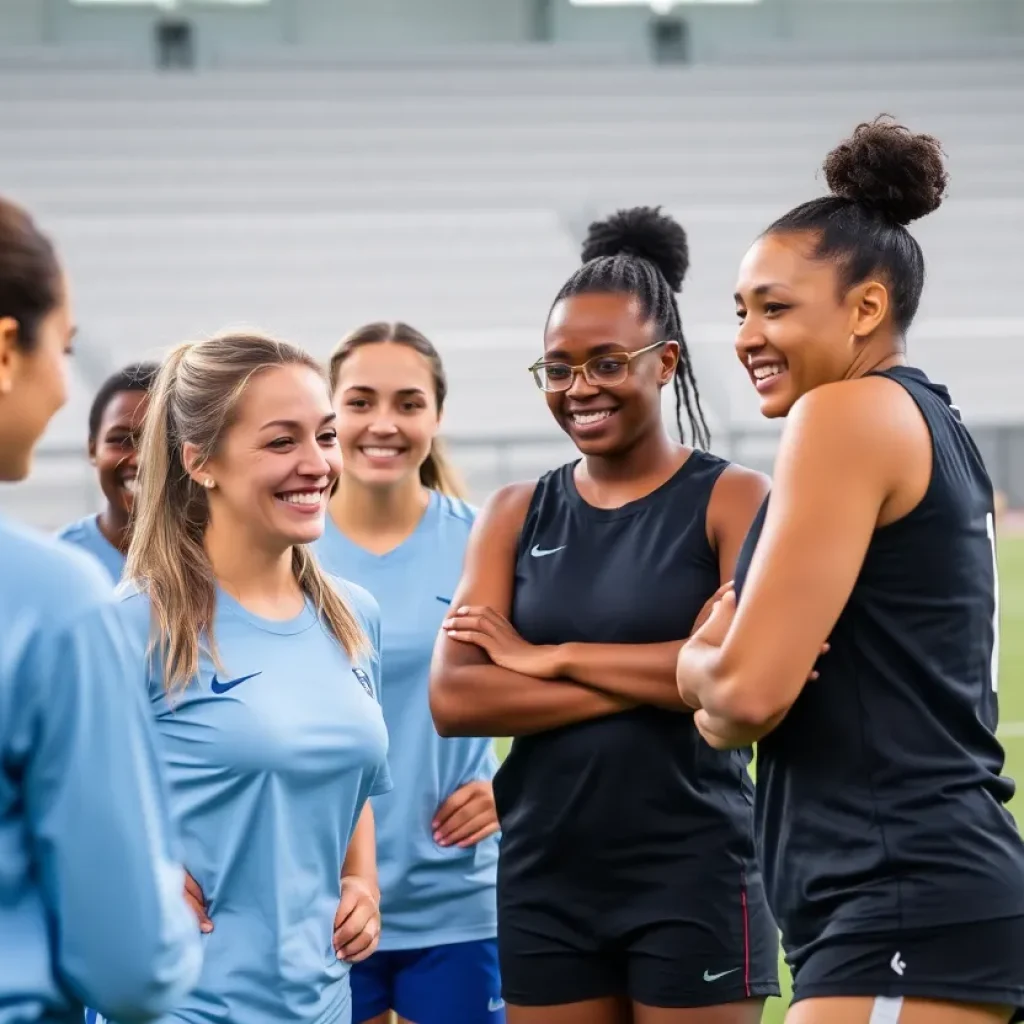 A diverse group of female athletes engaged in a sports competition, highlighting inclusion and teamwork.