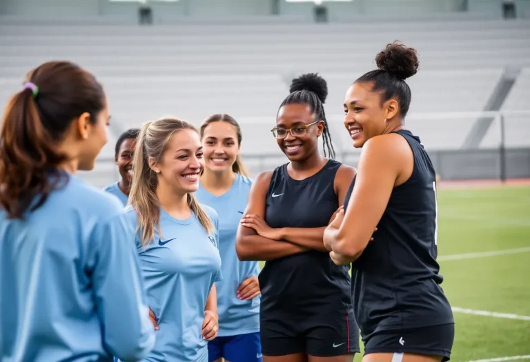 A diverse group of female athletes engaged in a sports competition, highlighting inclusion and teamwork.