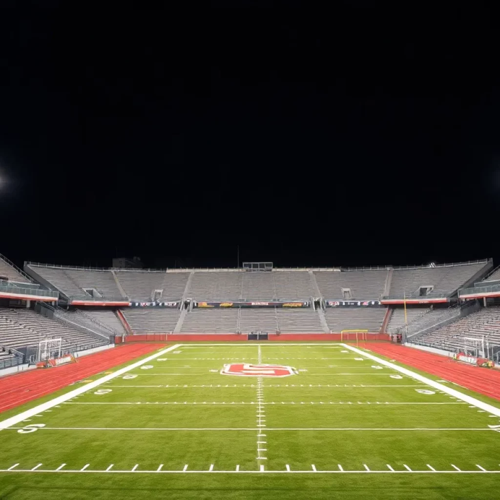 Empty high school football stadium ready for the game