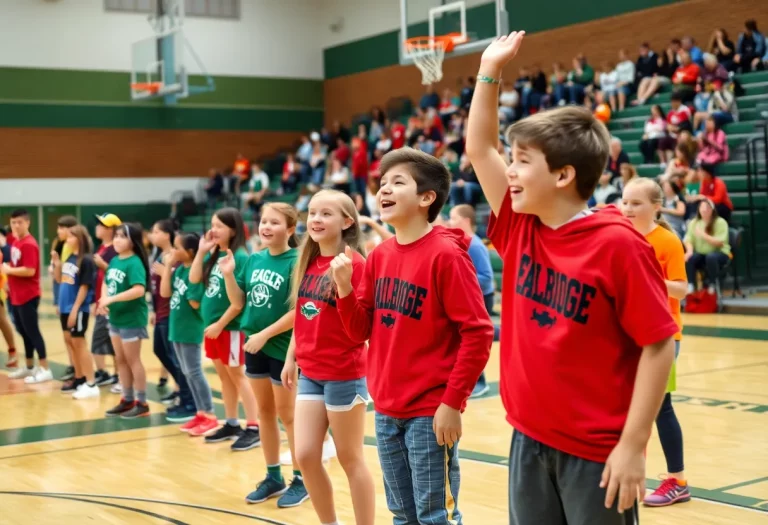 Eagle Ridge Christian School students cheering at a basketball game
