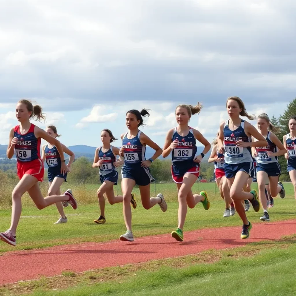 East Ridge girls cross country team running during the race.