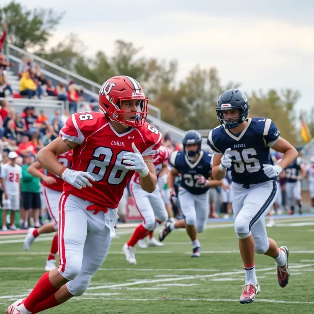 Players in action during a high school football game in Eastern Massachusetts