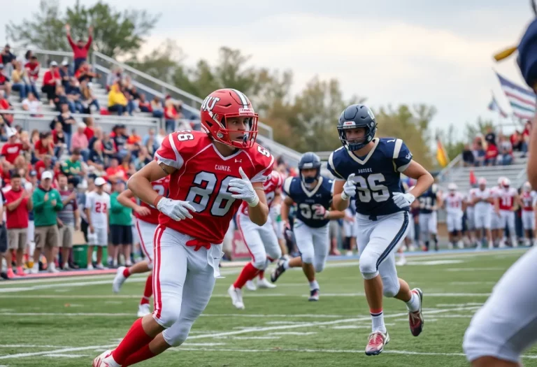Players in action during a high school football game in Eastern Massachusetts