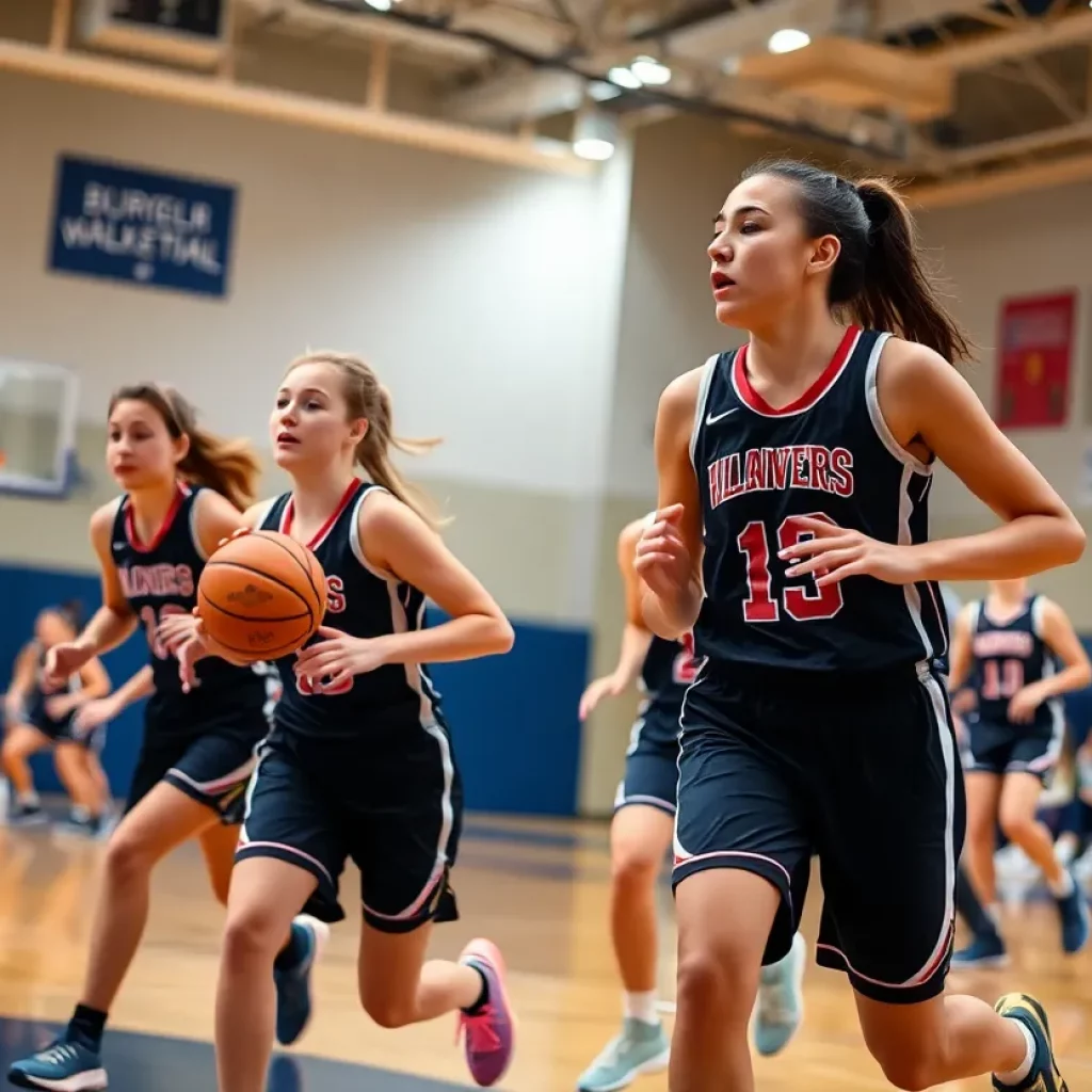 Young female basketball players competing in a game