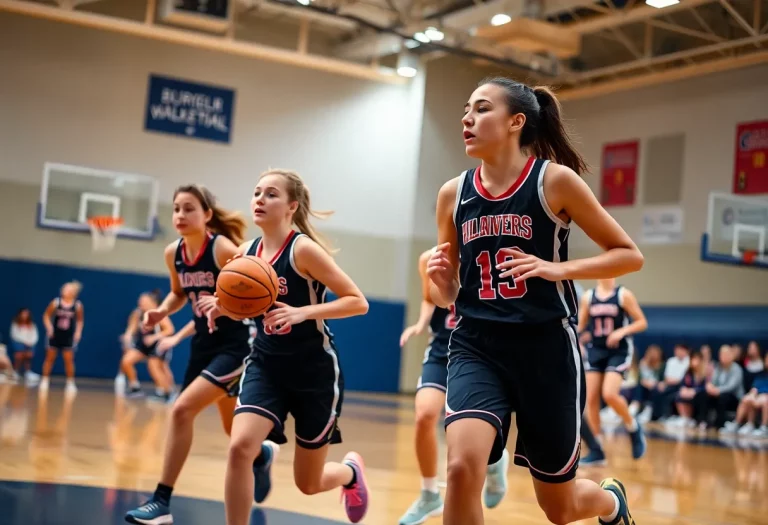 Young female basketball players competing in a game