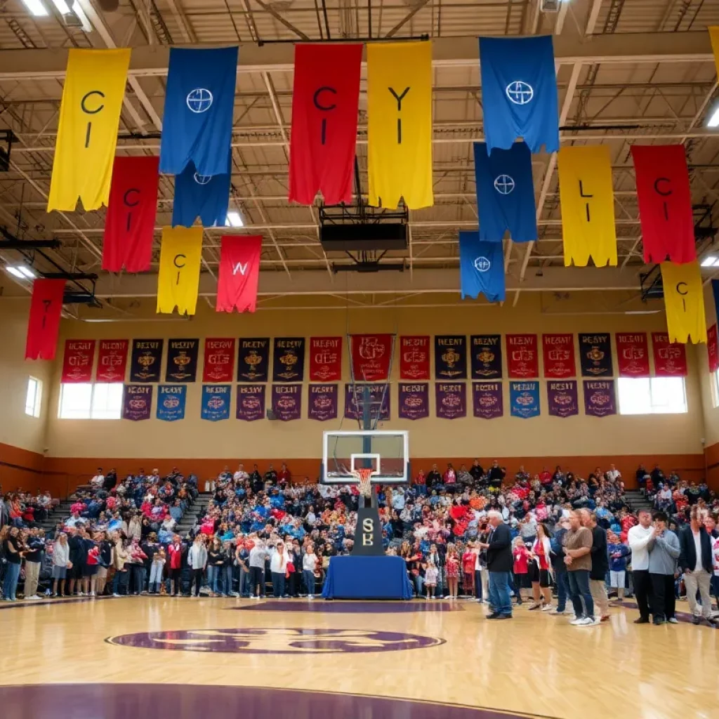 Celebration at Elvis Old Bull Sr. Complex with community members and colorful banners.